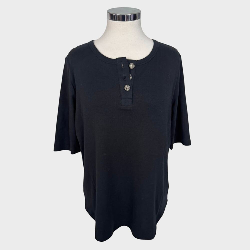 Lands' End Womens Large 14-16 Black Short Sleeve Henley Shirt 100% Cotton